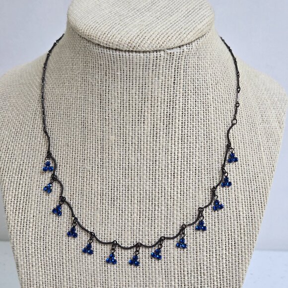 Bellagio Blue Necklace Rhinestone Crystal Dainty 15 Inch Black Small Delicate - Picture 1 of 10